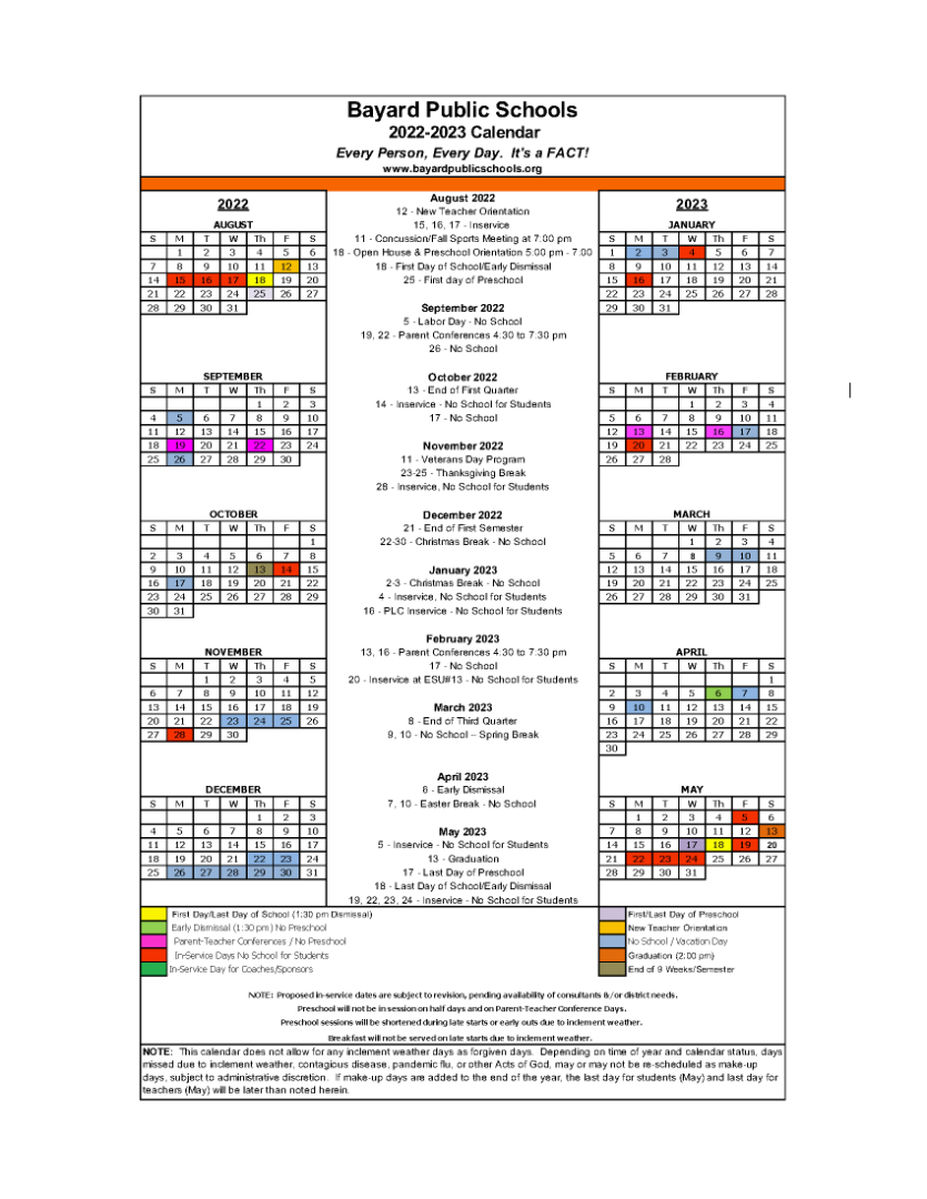 BAYARD SCHOOLS 20222023 School Calendar